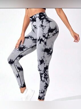 High-Waist Tie-Dye Seamless Tummy Control Leggings - Gray/Black